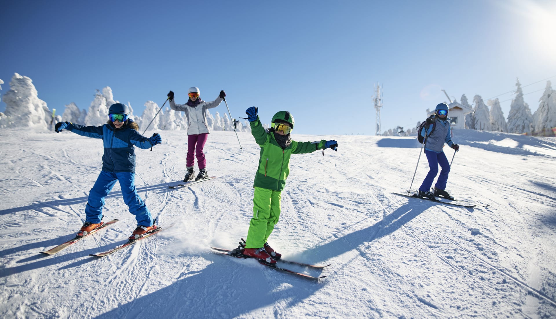 Family having fun skiing together on winter day.