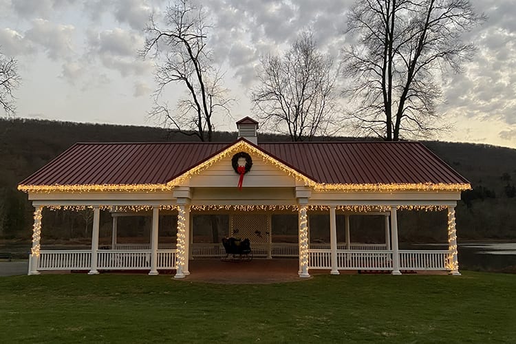 Outdoor pavilion with Christmas lights
