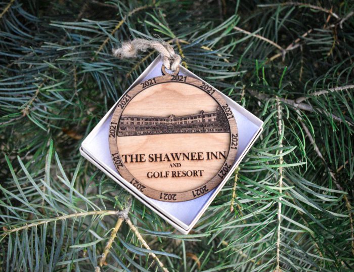 Wooden Christmas Ornament with a carving of the Shawnee Inn