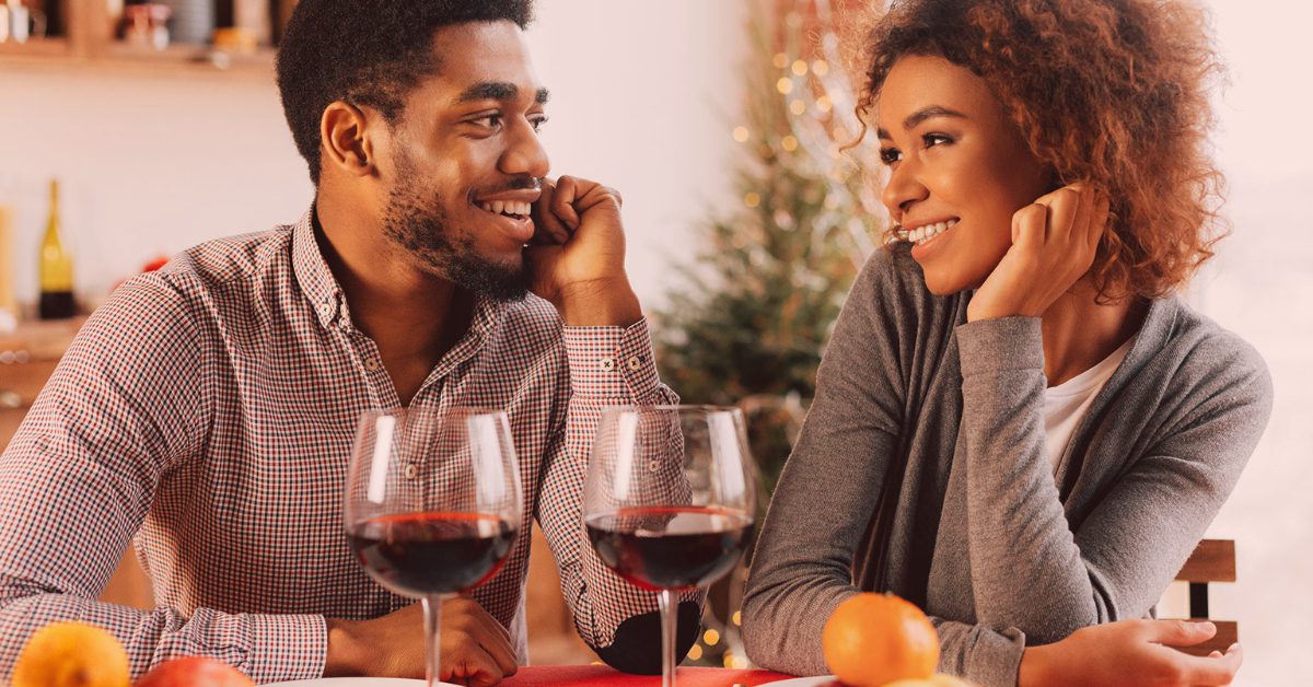 Romantic couple enjoying glasses of wine.